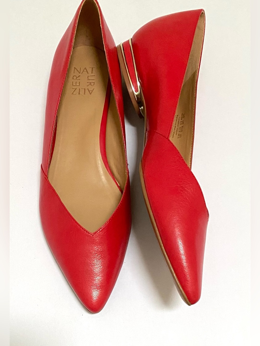 Naturalizer Havana Red Pointed Toe Leather Flats with Metallic Gold Heel Trim